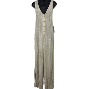 Rip Curl Women Surf Shack Jumpsuit Natural Stripe Button Front Linen Medium New